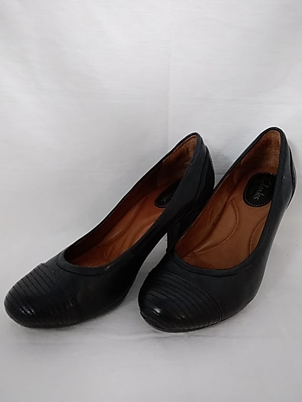 CLARKS Leather Pumps Heels Wide Society Clique Black - Size: 5