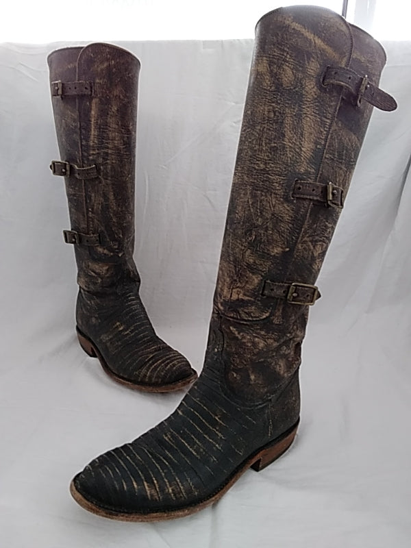 LUCCHESE Women's Brown Equestrian Riding Tall Buckle Cowboy Boots Handmade Leather - Size 7.5