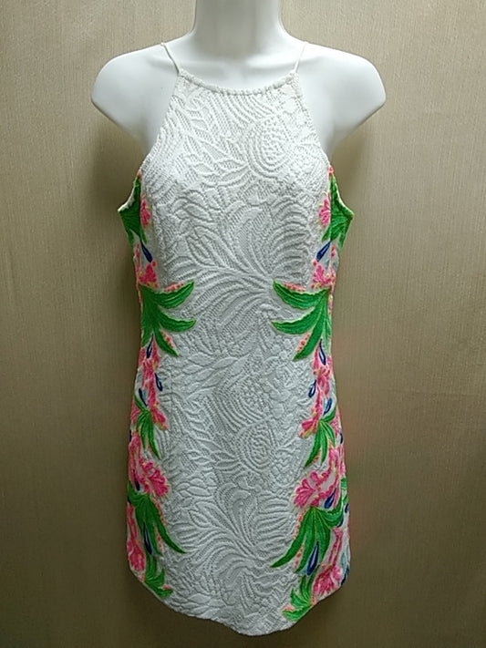 LILLY PULITZER - White Laced Shift Dress with Multi-Colored Embroidered Floral Design Size 2