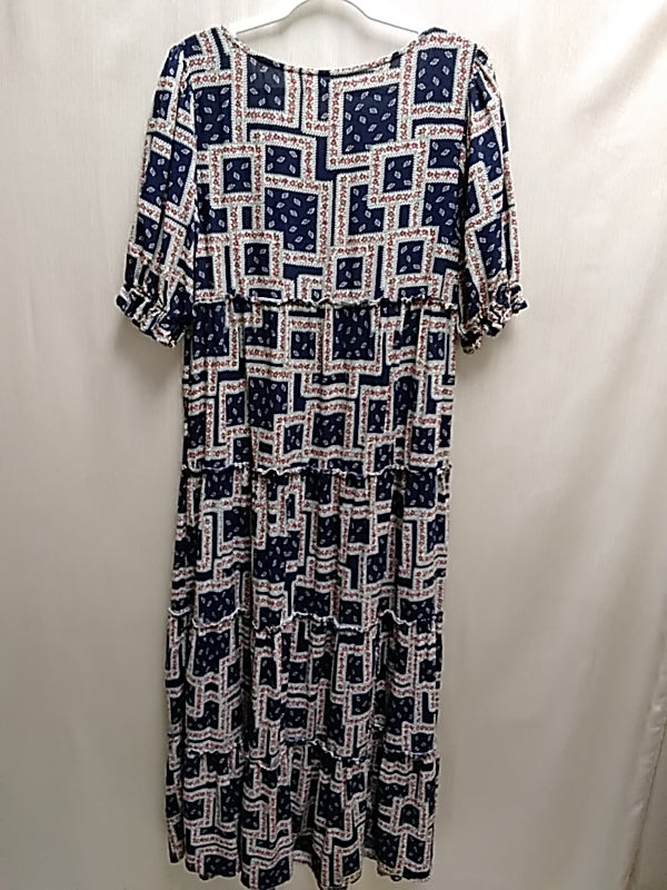NATURAL LIFE Navy Geo Floral Print Short Sleeve Maxi Dress - Size: Small