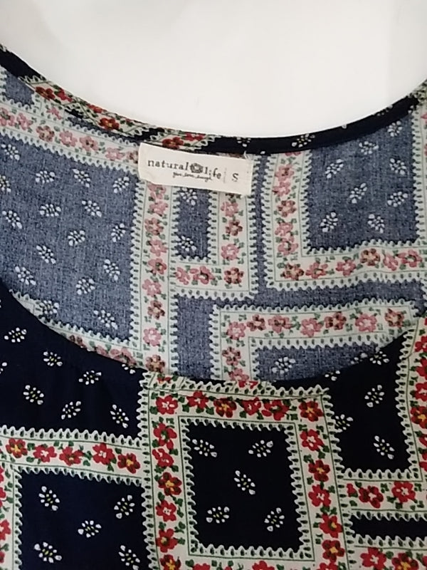 NATURAL LIFE Navy Geo Floral Print Short Sleeve Maxi Dress - Size: Small