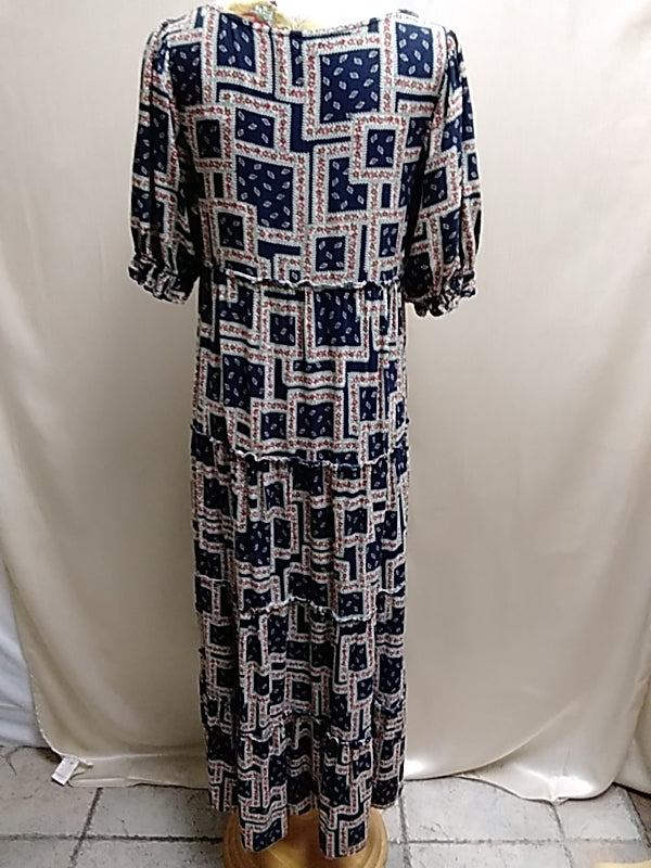NATURAL LIFE Navy Geo Floral Print Short Sleeve Maxi Dress - Size: Small