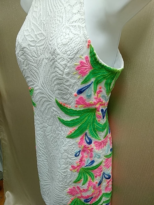 LILLY PULITZER - White Laced Shift Dress with Multi-Colored Embroidered Floral Design Size 2