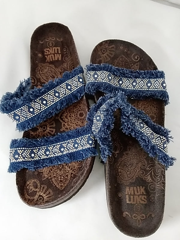MUK LUKS Eloise Denim Straps Cork Jeweled Boho Sandals Slides Women's Size 9 LNWOB