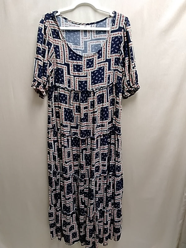 NATURAL LIFE Navy Geo Floral Print Short Sleeve Maxi Dress - Size: Small