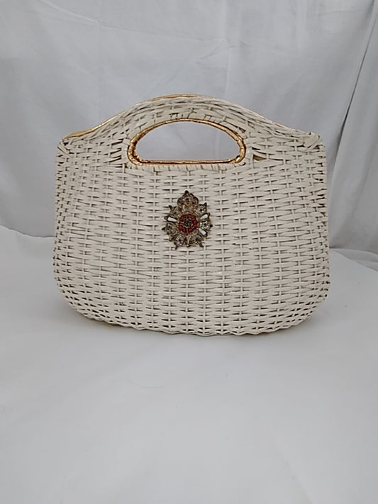 Rare HTF Vintage KORET White Wicker and Gold Snap Clutch Top Handle Purse (flaws)