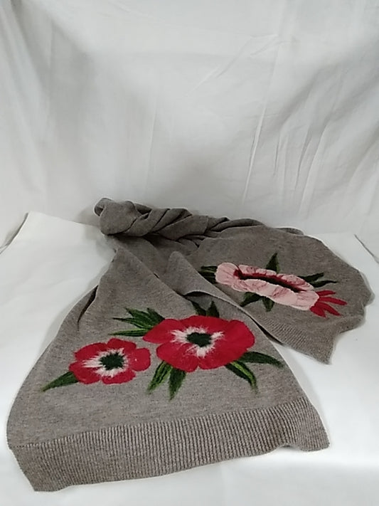 J.JILL  Brownish-Grey Rectangle Scarf Wool Felt Floral Needle Punch Technique Like NEW