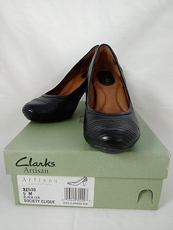 CLARKS Leather Pumps Heels Wide Society Clique Black - Size: 5