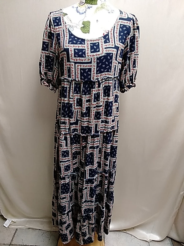 NATURAL LIFE Navy Geo Floral Print Short Sleeve Maxi Dress - Size: Small