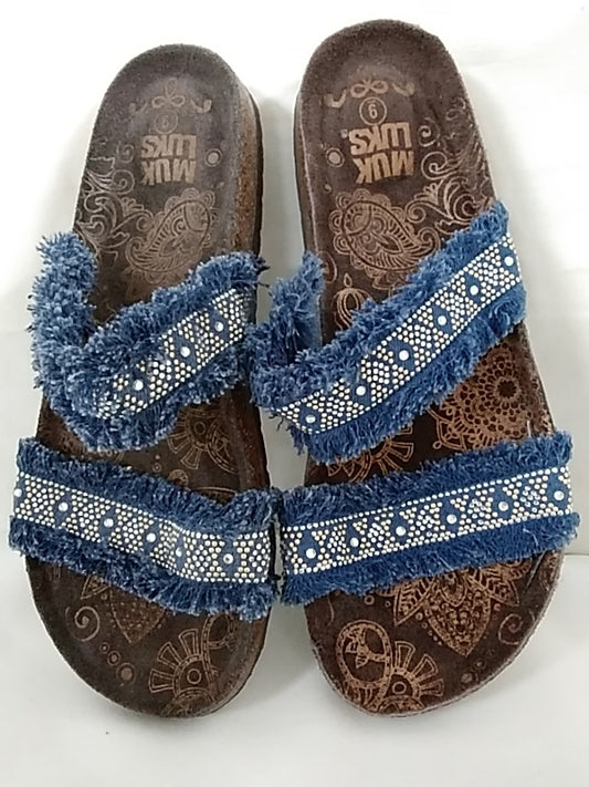 MUK LUKS Eloise Denim Straps Cork Jeweled Boho Sandals Slides Women's Size 9 LNWOB