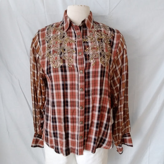 NWT - Free People Copper Plaid Embroidered Long Sleeve Shirt - Small