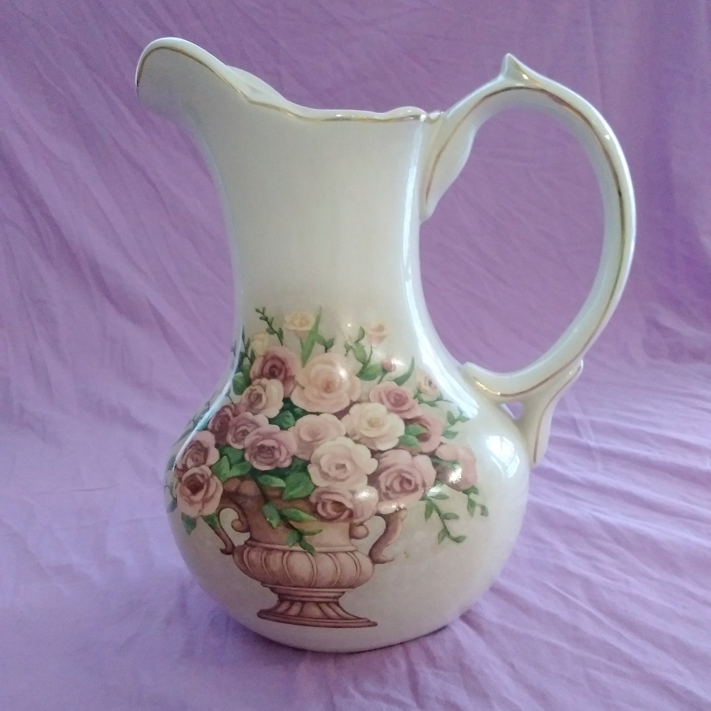 Vintage Belk "All For You" Large Floral Bisque Porcelain Pitcher