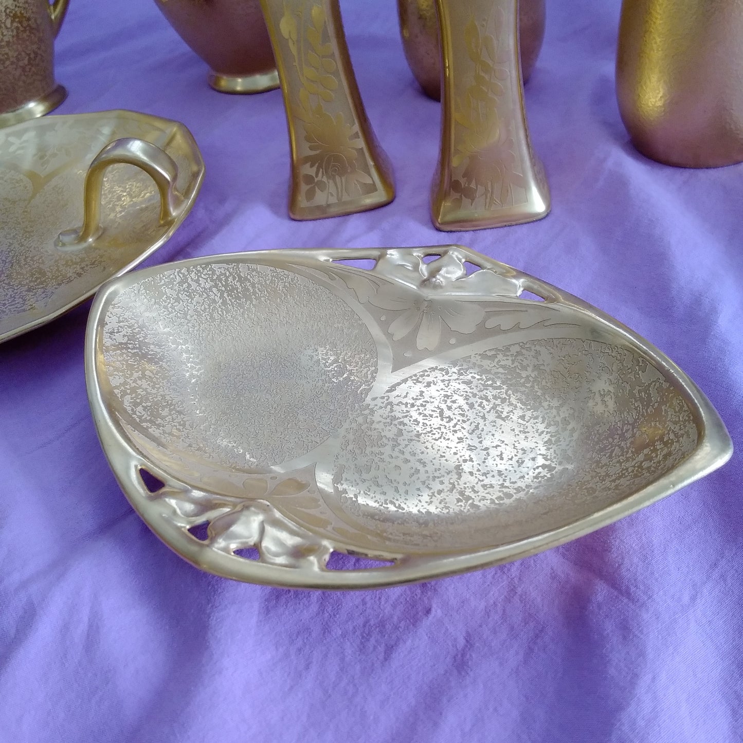Vintage Gold Encrusted Etched Porcelain 10 piece Set - Flower Design