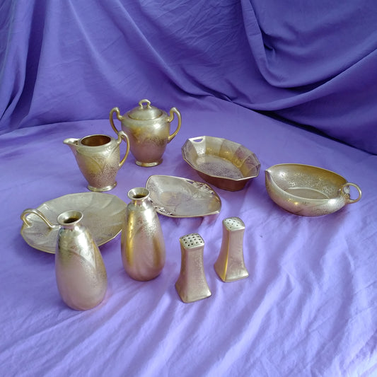 Vintage Gold Encrusted Etched Porcelain 10 piece Set - Flower Design