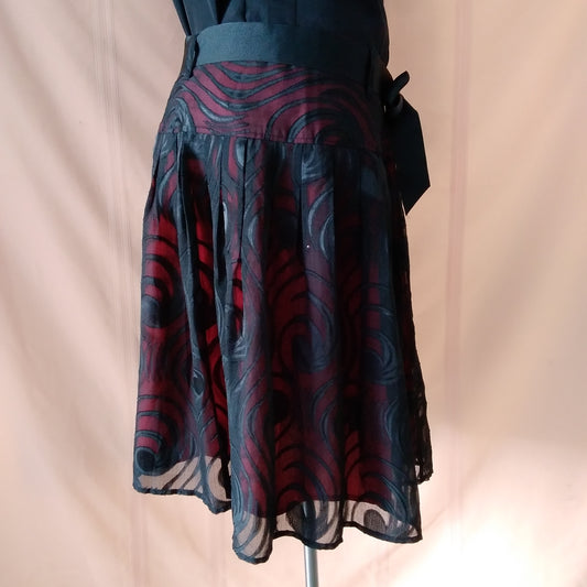 Worthington Sheer Black swirl with Red Lining Belted Lace Skirt - 16