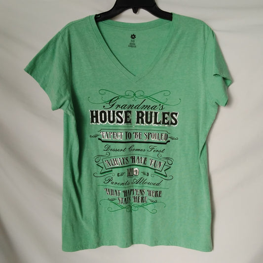 Women's Mint Green V-Neck Grandma's House Rules Graphic Tee - XL 16-18