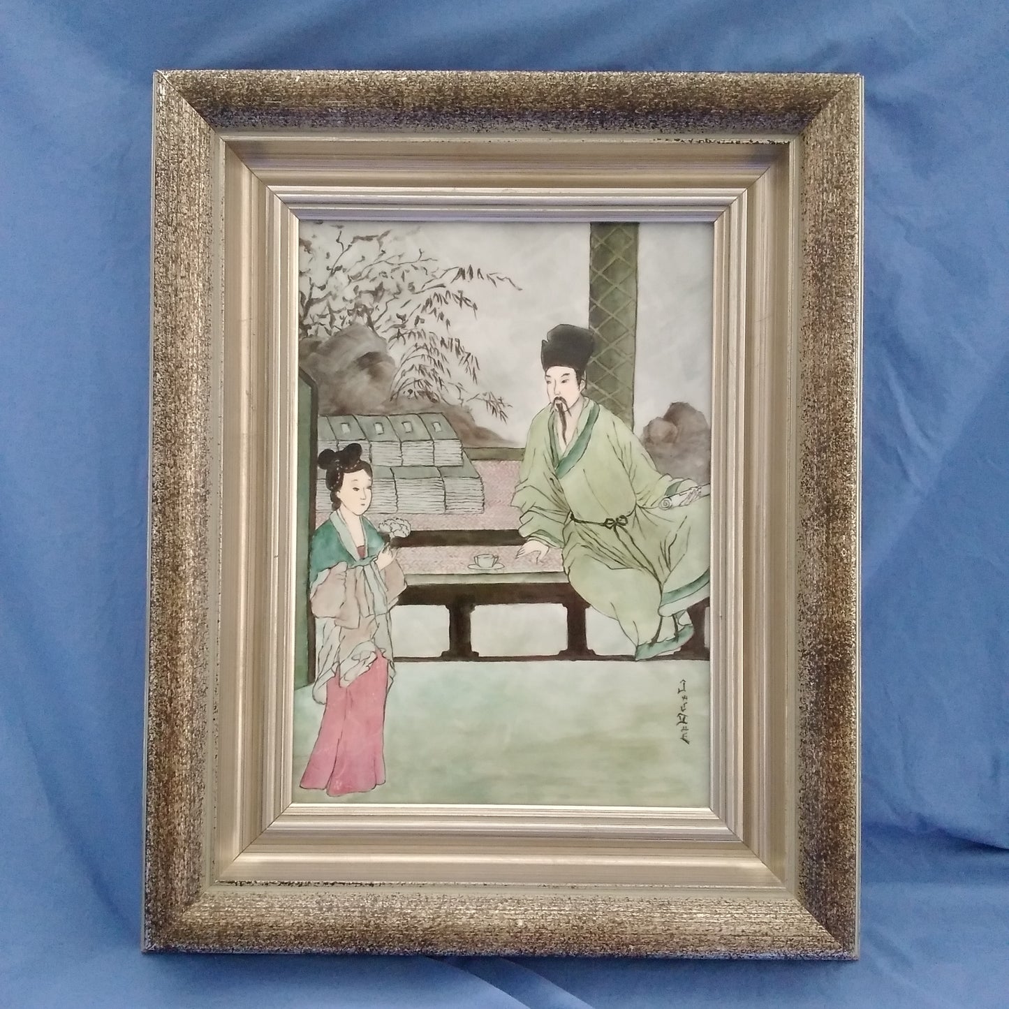 Framed Hand Painted Porcelain Slab of Asian Motif - Signed by Artist