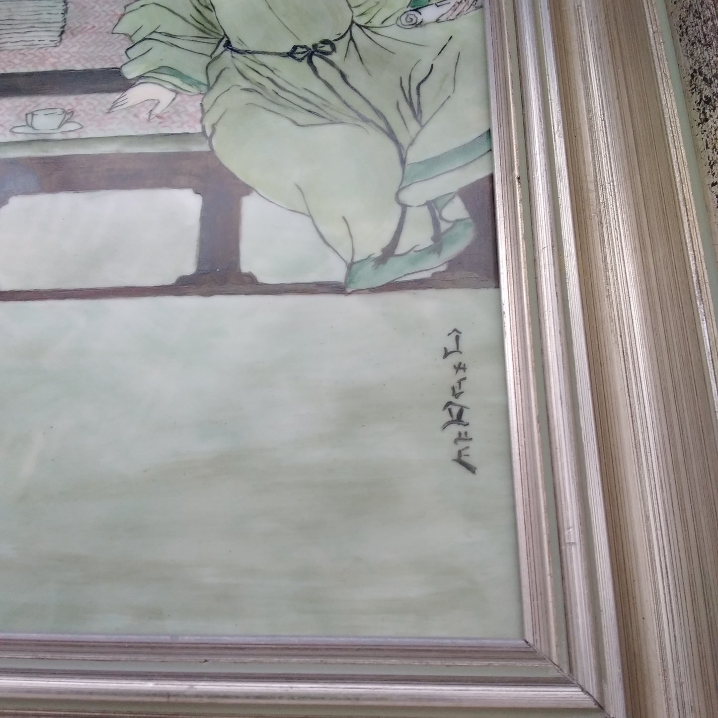 Framed Hand Painted Porcelain Slab of Asian Motif - Signed by Artist