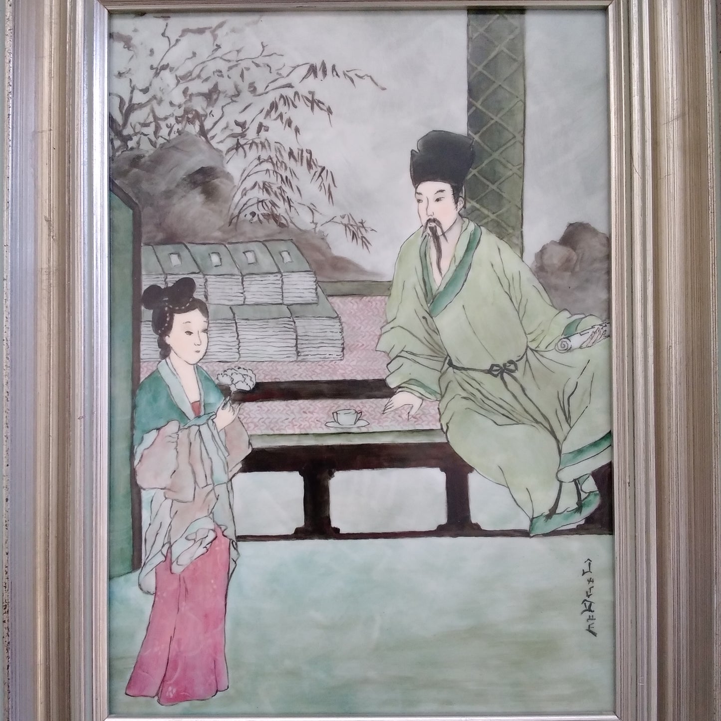 Framed Hand Painted Porcelain Slab of Asian Motif - Signed by Artist