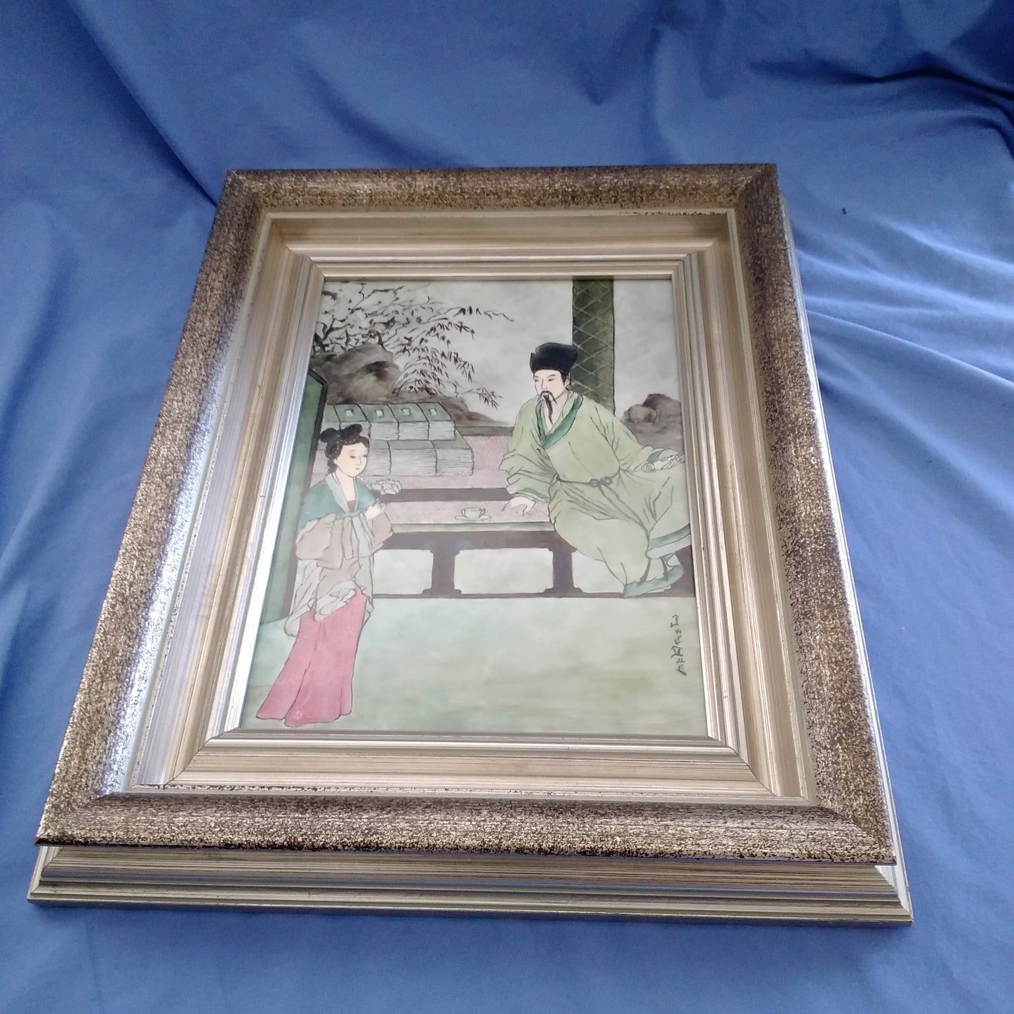 Framed Hand Painted Porcelain Slab of Asian Motif - Signed by Artist