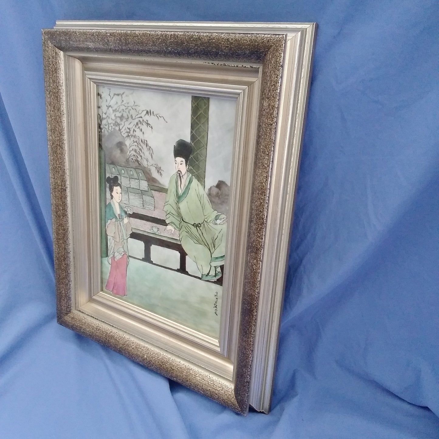 Framed Hand Painted Porcelain Slab of Asian Motif - Signed by Artist