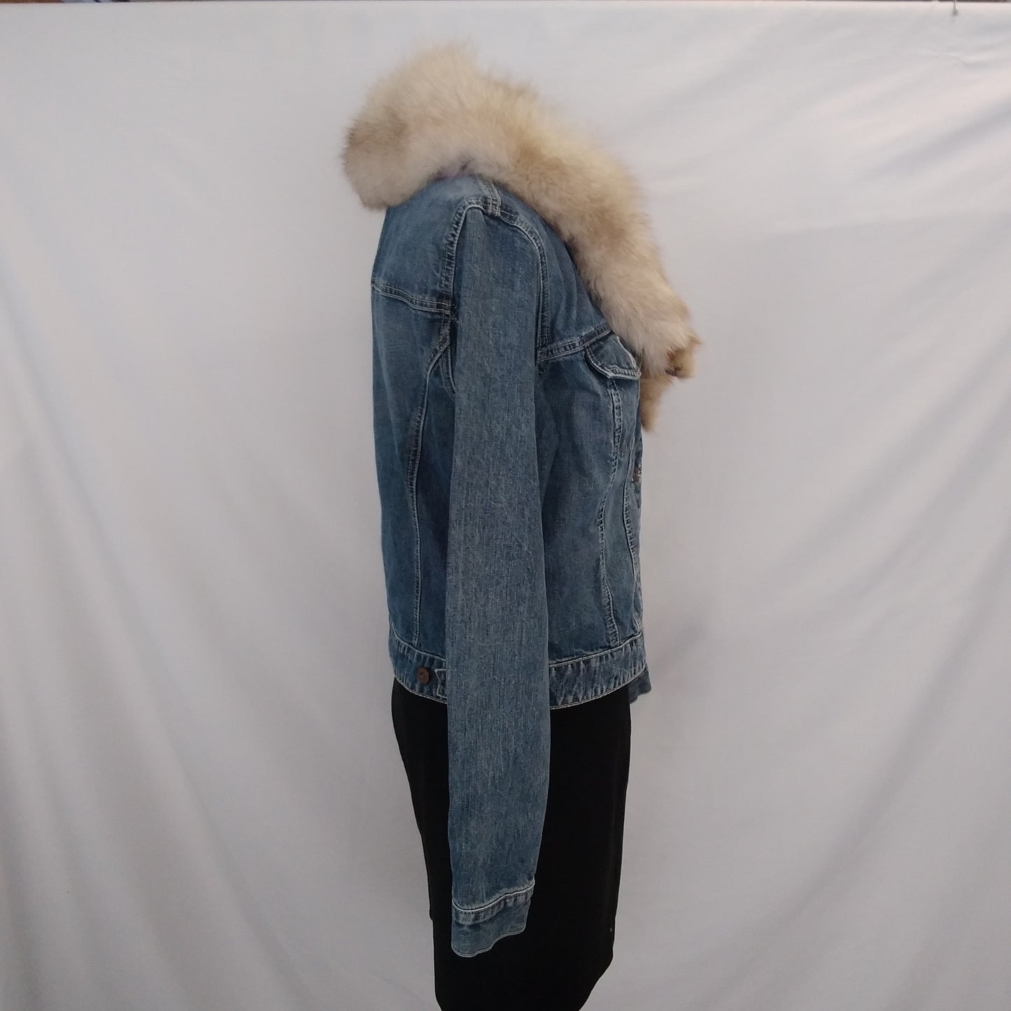 Up Cycled Gap Denim Jacket with Sewn-On Vintage Fur Collar - L