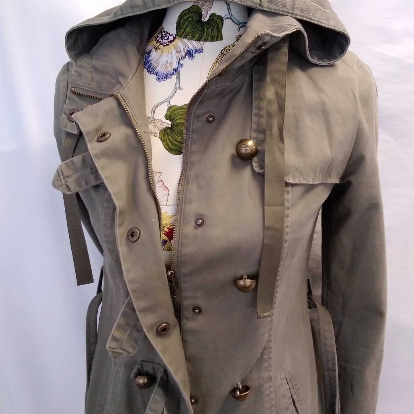 Anthropologie - Idra - Frill Force Button Down Army Green Hooded Jacket - Size: 0
