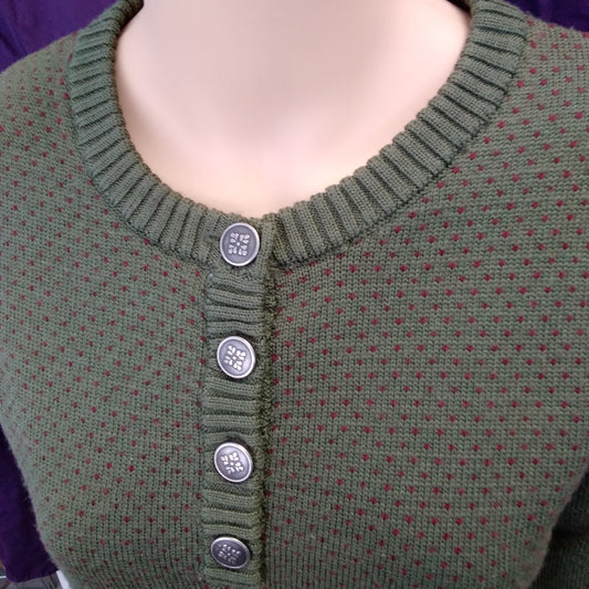 MK MOUNTAIN KHAKIS Green Red Hearts Merino Wool Sweater - S