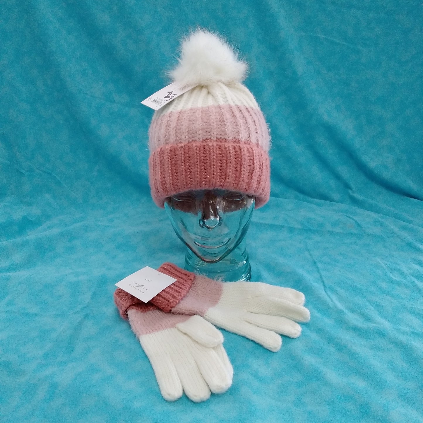 NWT - Lauren Conrad Women's Blush Pom Pom Beanie Hat & Gloves - Size: 0/S