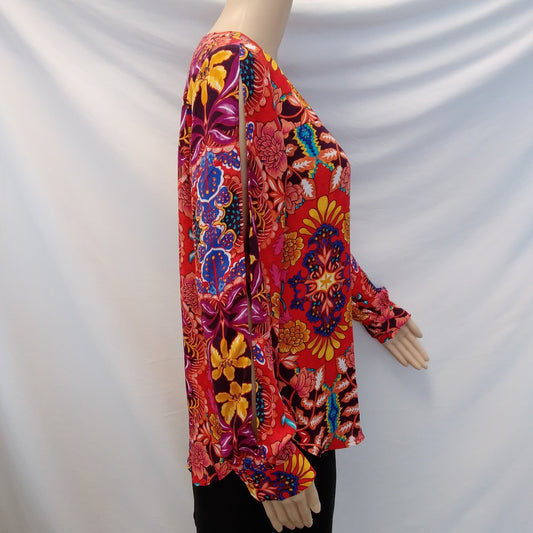 NWT - LOFT Red Multicolor Floral Print Split Long Sleeve Top - Size: S