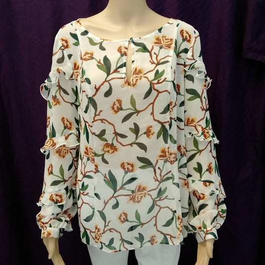 NWT - Ann Taylor Factory Floral Sheer Ruffle Long Sleeve Blouse - M