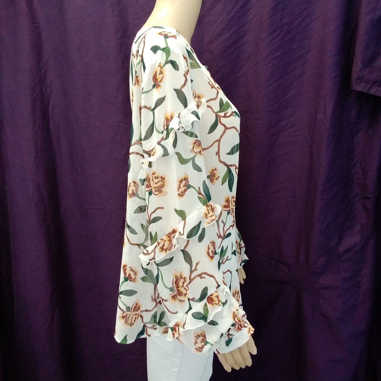 NWT - Ann Taylor Factory Floral Sheer Ruffle Long Sleeve Blouse - M