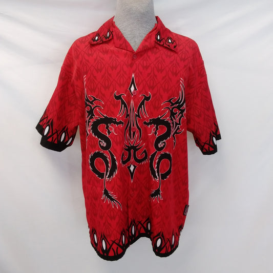 Sapphire Lounge Red Tribal Dragon Button Up Camp Shirt - L