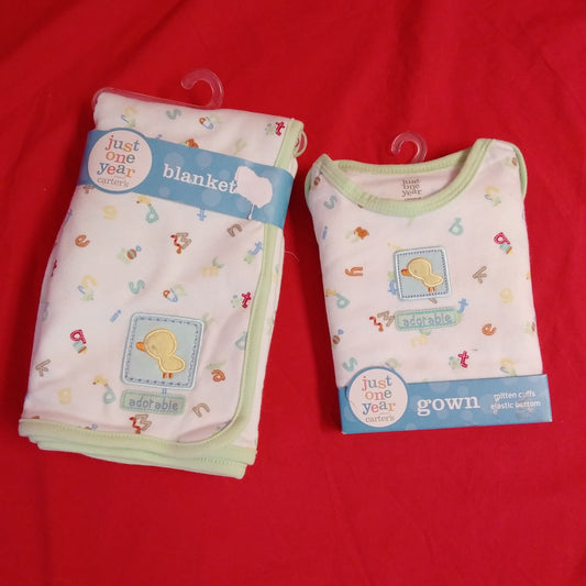NWT - Just One Year Carters - Green White Alphabet Duck Blanket & Gown Set