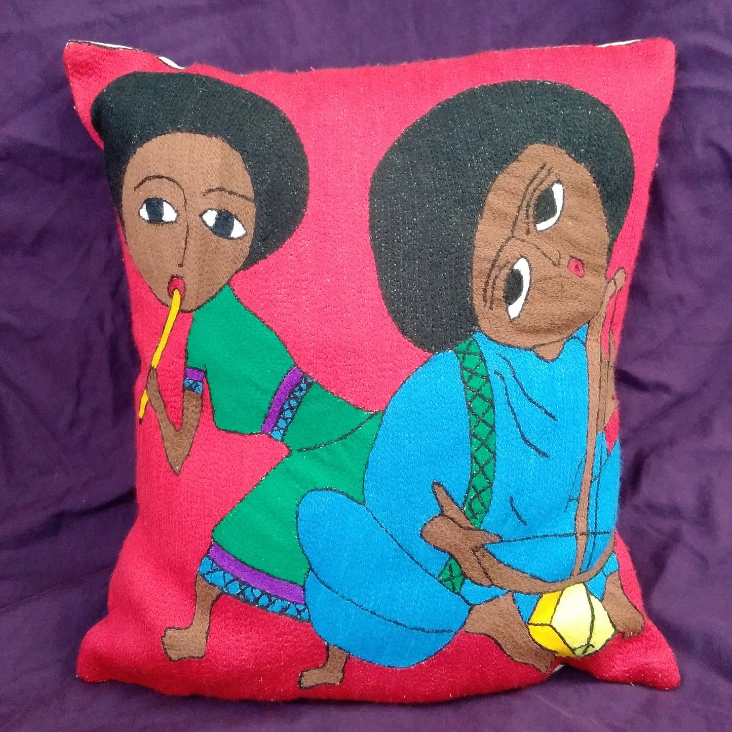 Handmade Embroidery Ethiopian Pillow Cover - Women Playing Music