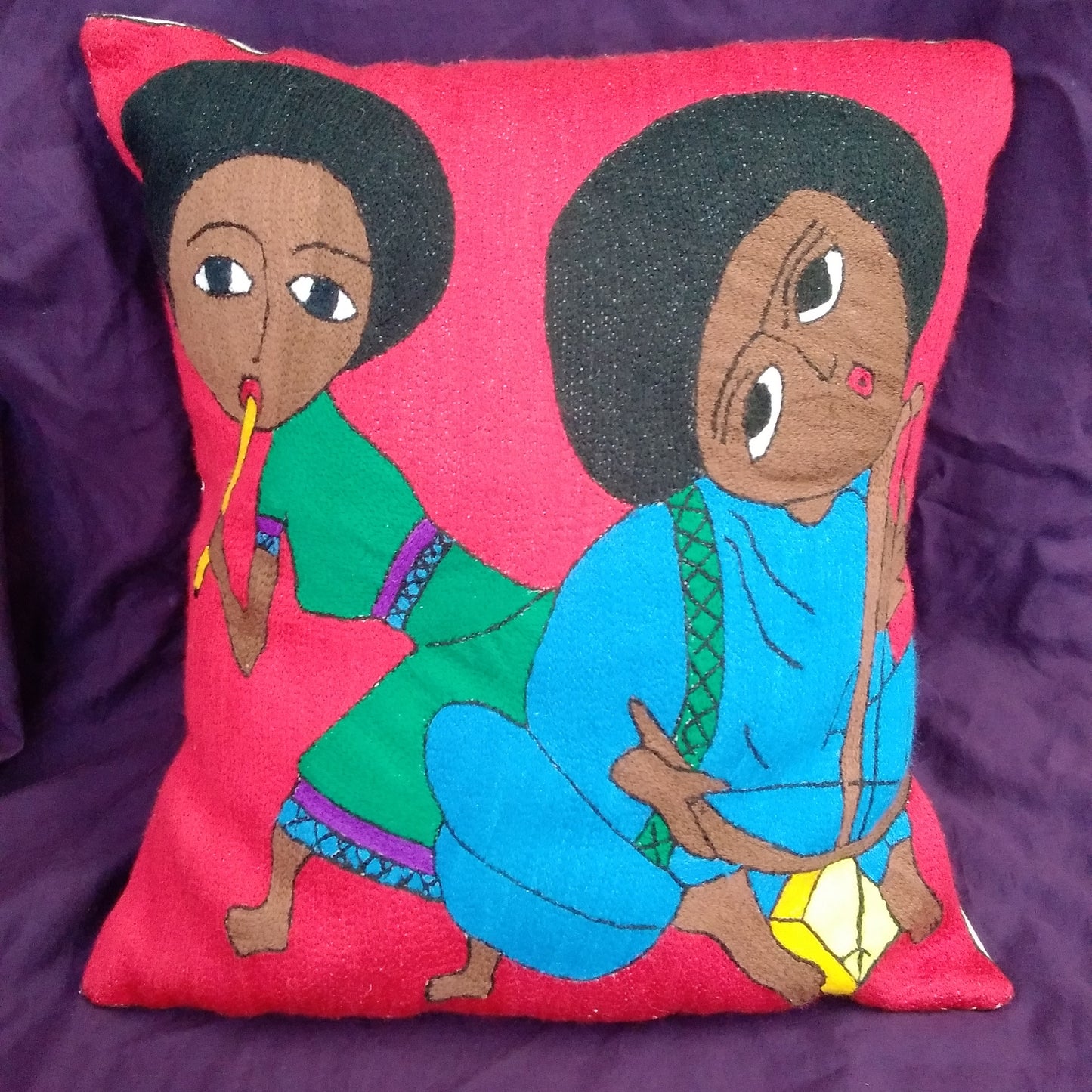 Handmade Embroidery Ethiopian Pillow Cover - Women Playing Music