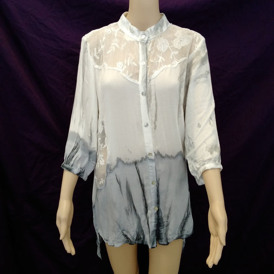 NWT - Belle France White Gray Lace 3/4 Sleeve Blouse - L