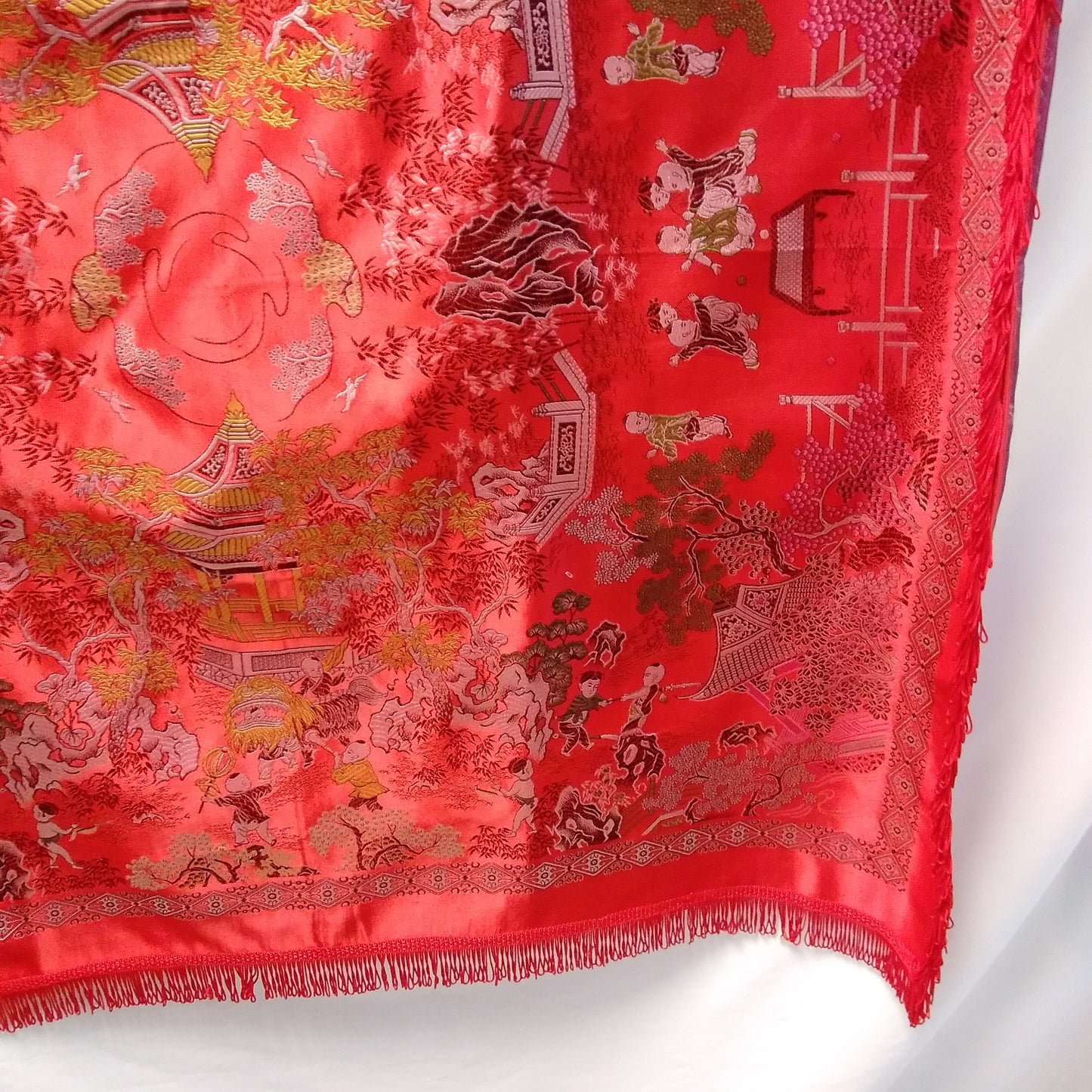 Brocaded Flowers Chinese Silk Embroidered Red Tapestry Cloth With Fringe