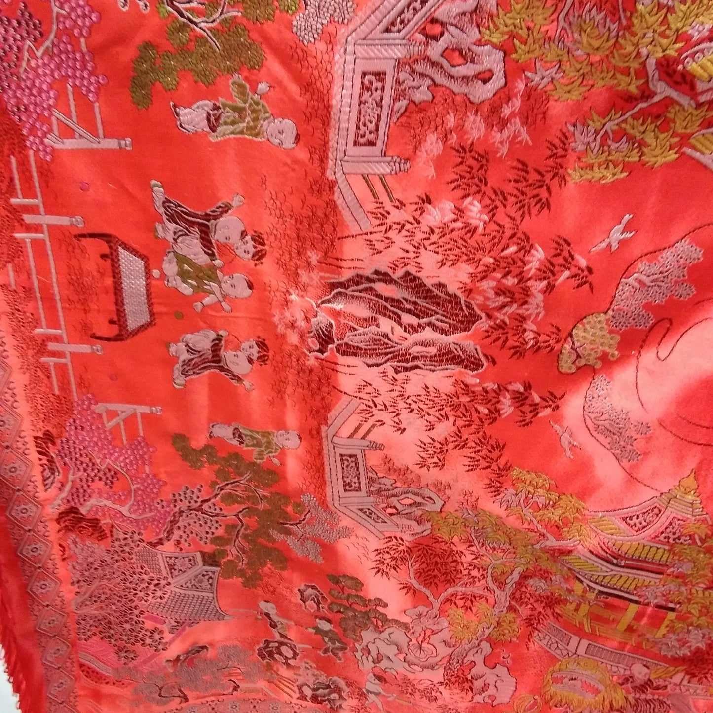 Brocaded Flowers Chinese Silk Embroidered Red Tapestry Cloth With Fringe
