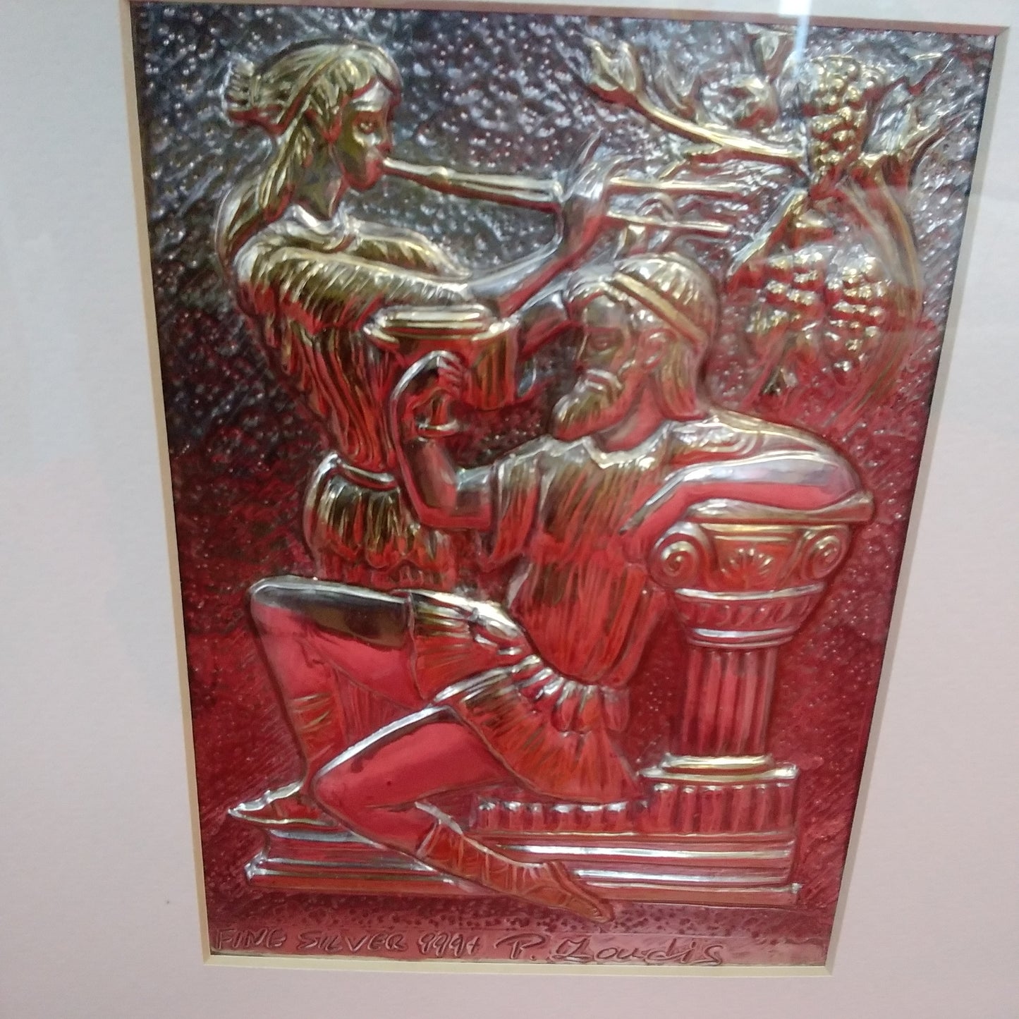 Handmade Silver & Gold Bacchus & Muse Framed Metal Art Signed by Listed Artist Peter Zoudis