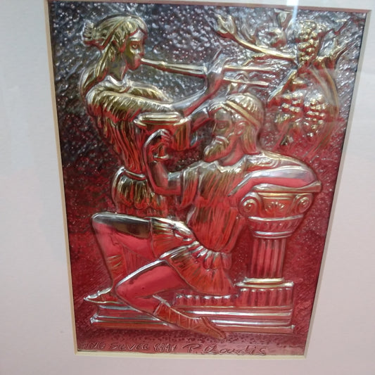 Handmade Silver & Gold Bacchus & Muse Framed Metal Art Signed by Listed Artist Peter Zoudis
