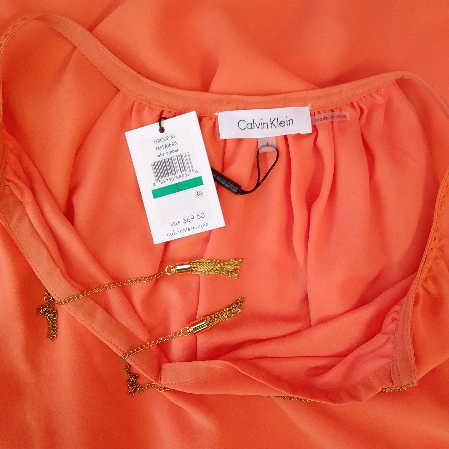 NWT - Calvin Klein Women's Orange Sleeveless Top with Gold Tassels - Size: L