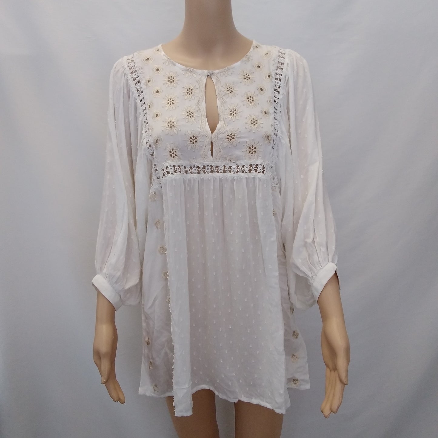 NWT - Free People Ivory Embroidered Keyhole Tunic Top - S