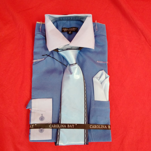 NWT - Carolina Bay Boy's Blue Dress Shirt, Tie & Handkerchief Set - S | 8