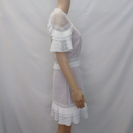 Saylor Short Sleeve White Crocheted Lace Open Back Dress - M