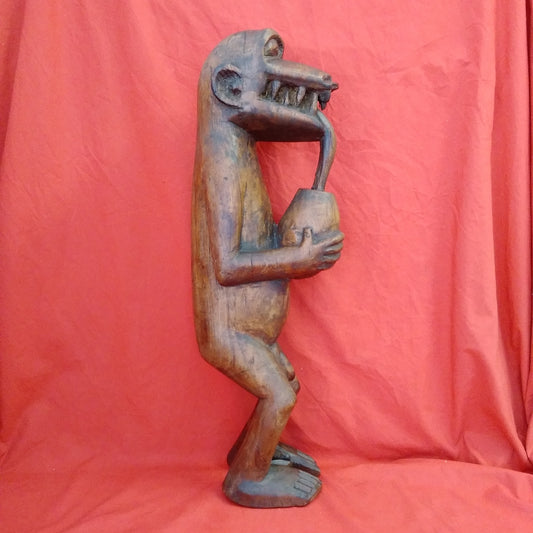 Vintage - 24" Wood Carving from Ghana of a Monkey Drinking from a Coconut