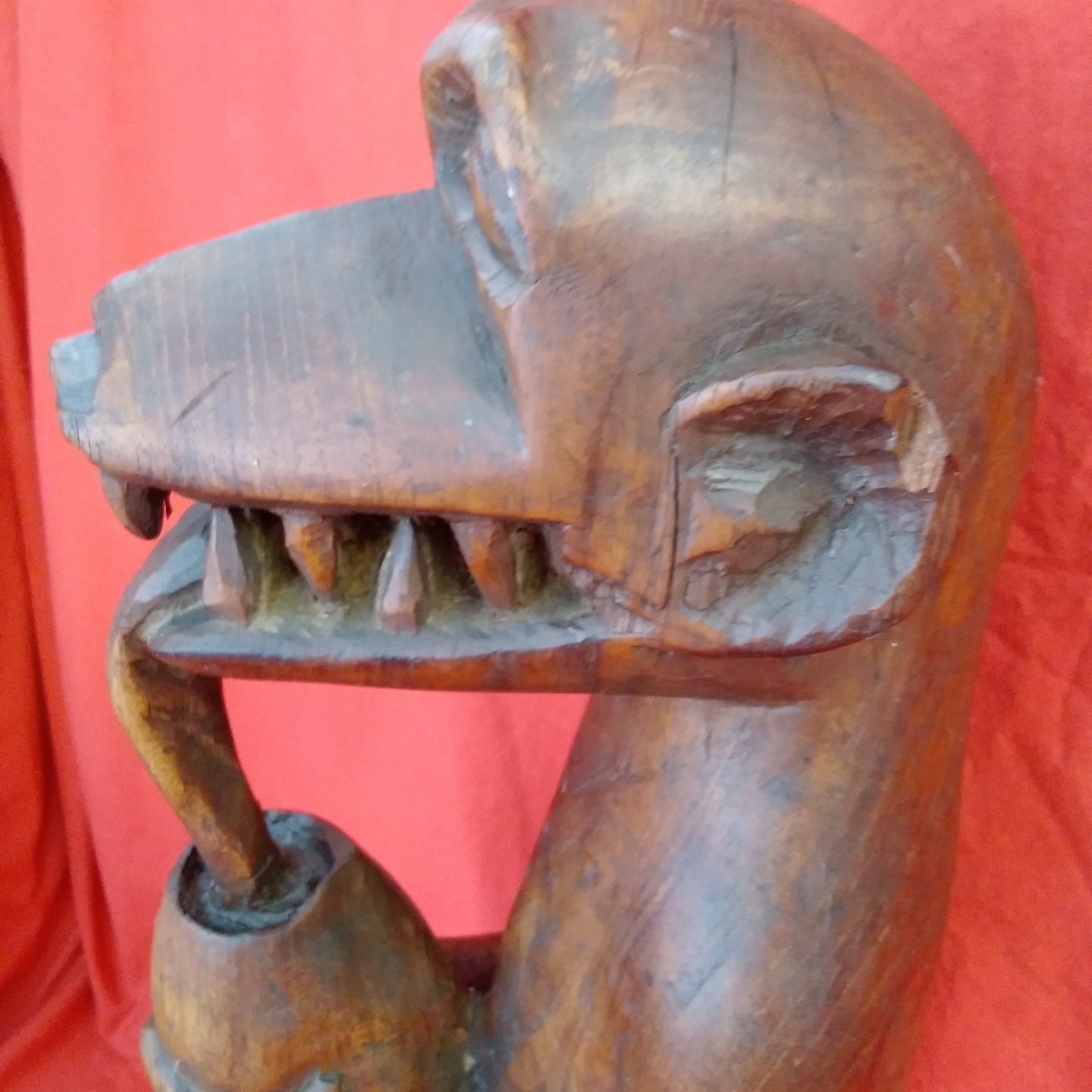 Vintage - 24" Wood Carving from Ghana of a Monkey Drinking from a Coconut