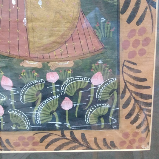 Vintage - Indian Silk Pichhwai Painting - Matted & Framed (W) 22.25" x (H) 26.25"
