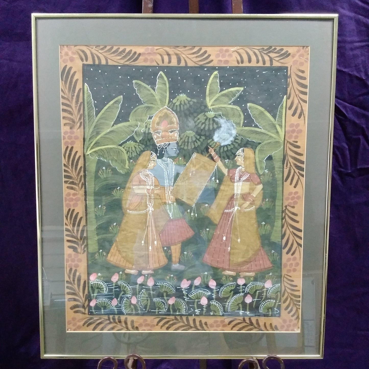 Vintage - Indian Silk Pichhwai Painting - Matted & Framed (W) 22.25" x (H) 26.25"