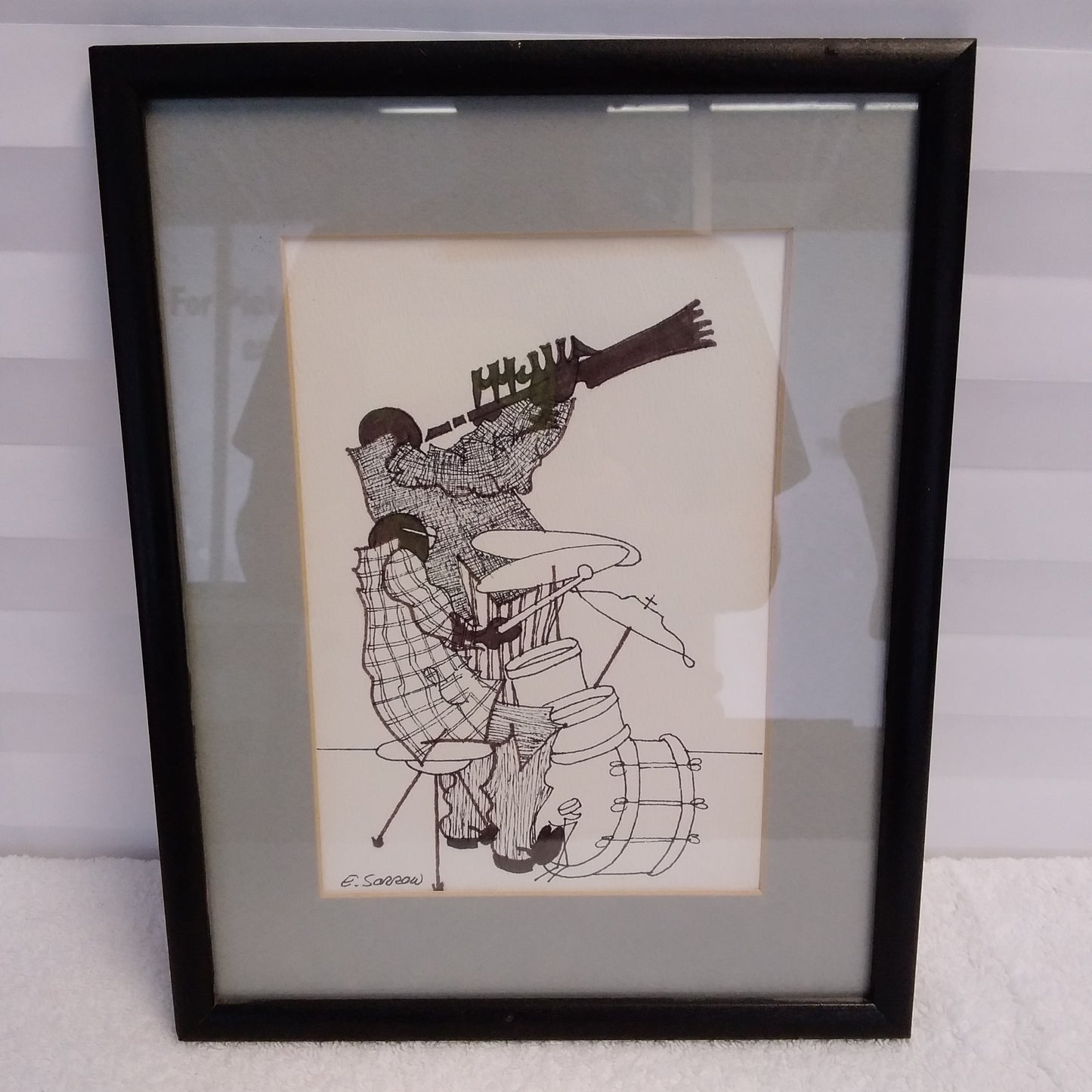 Vintage - E. Sorrow New Orleans Jazz 5.5" x 8" Drawing - Framed